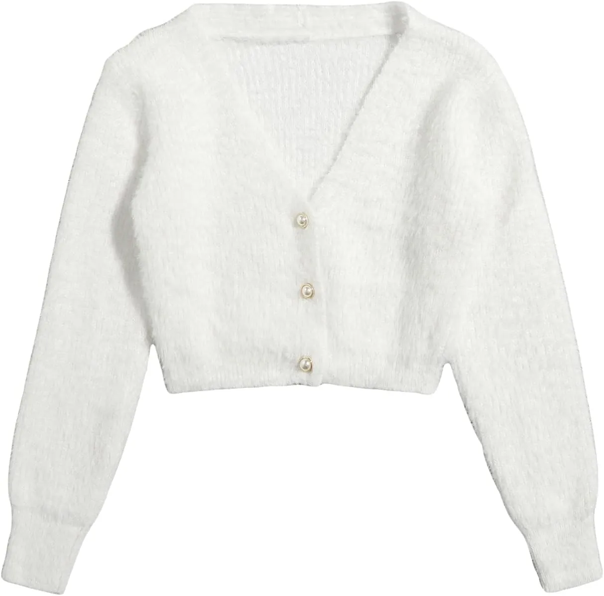GORGLITTER Women's Open Front Cardigan Fuzzy Pearl Button Up Long Sleeve Crop Sweater Outerwear Jackets