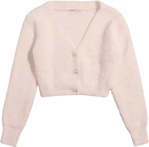 GORGLITTER Women's Open Front Cardigan Fuzzy Pearl Button Up Long Sleeve Crop Sweater Outerwear Jackets