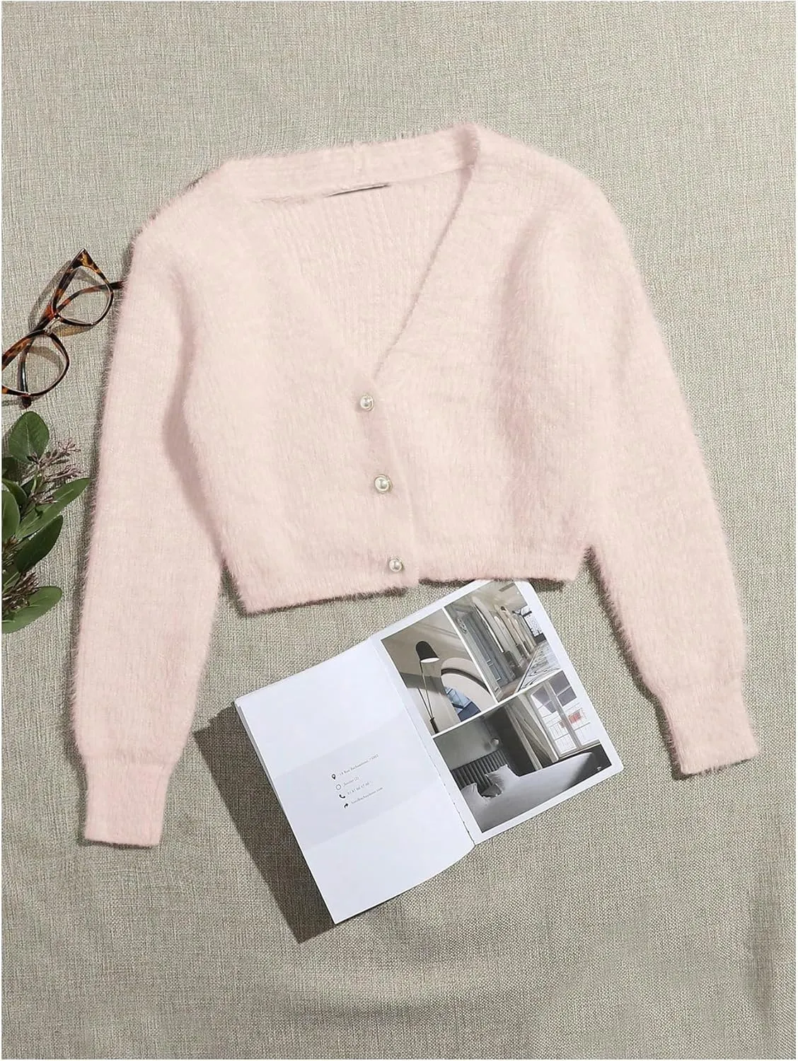 GORGLITTER Women's Open Front Cardigan Fuzzy Pearl Button Up Long Sleeve Crop Sweater Outerwear Jackets