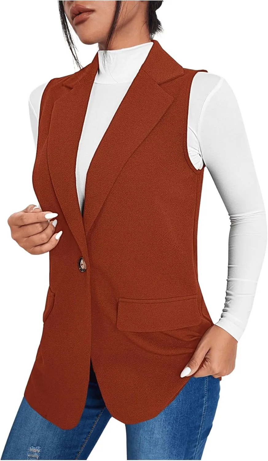 GORGLITTER Women's Sleeveless Lapel Collar One Button Open Front Vest Blazer Jacket