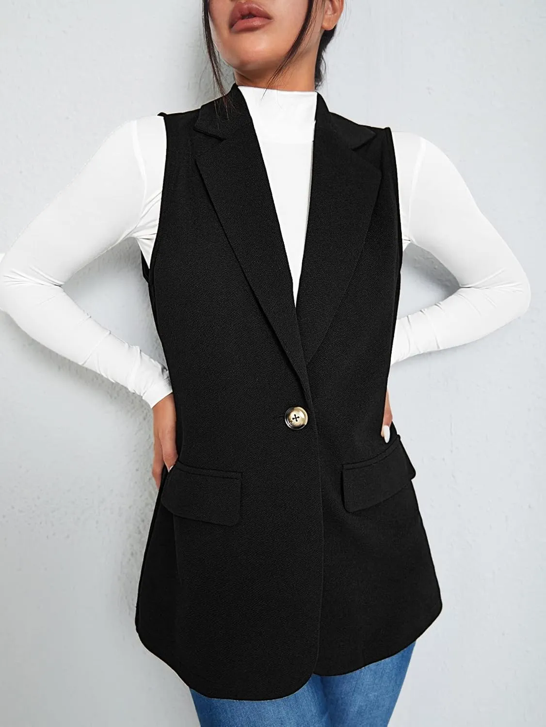 GORGLITTER Women's Sleeveless Lapel Collar One Button Open Front Vest Blazer Jacket