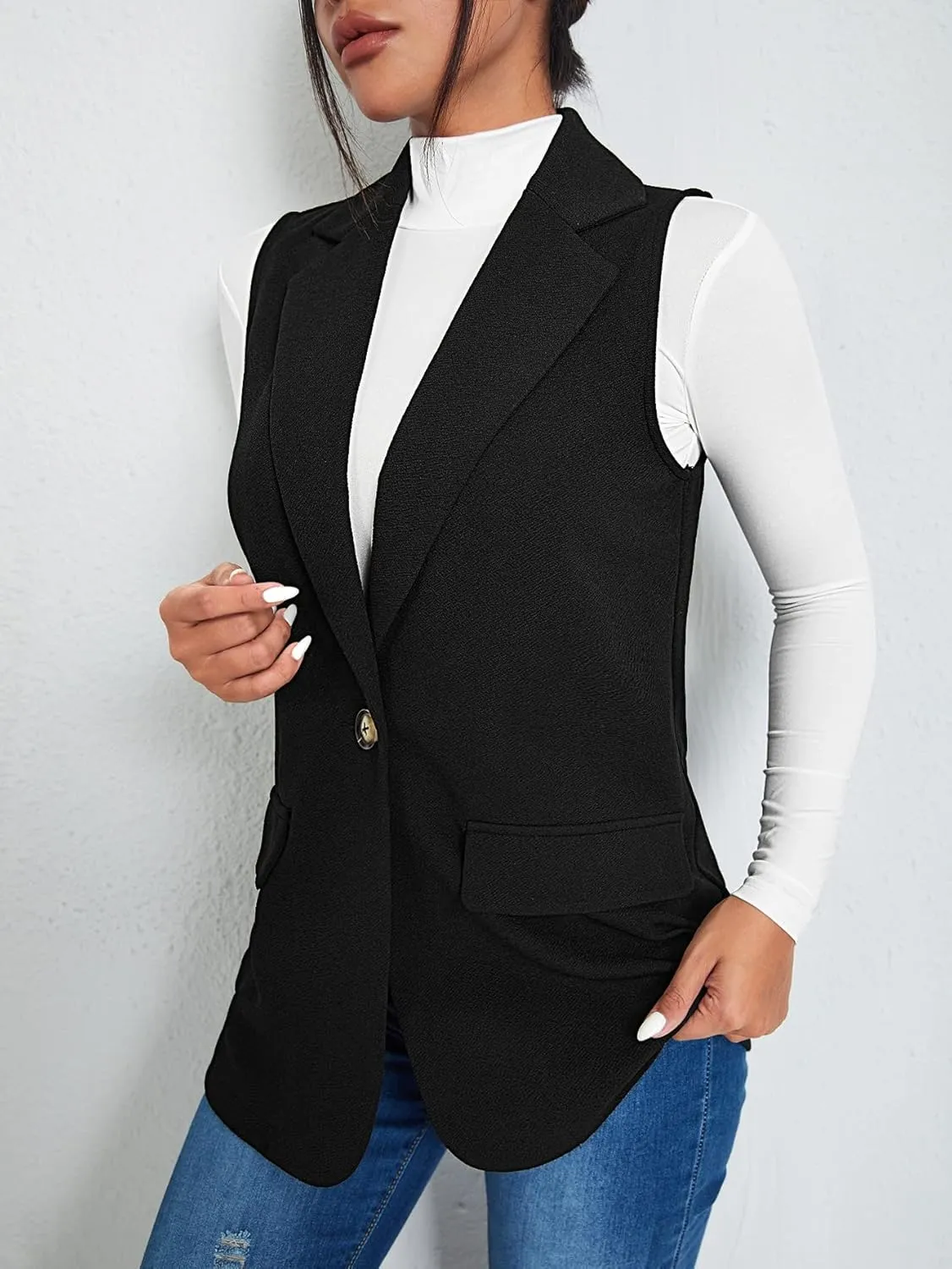 GORGLITTER Women's Sleeveless Lapel Collar One Button Open Front Vest Blazer Jacket