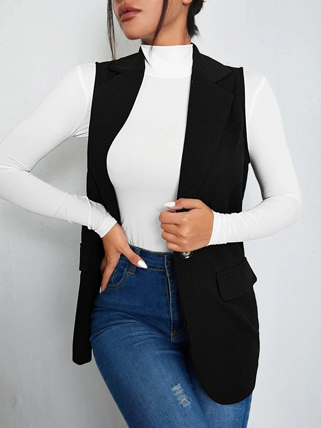 GORGLITTER Women's Sleeveless Lapel Collar One Button Open Front Vest Blazer Jacket