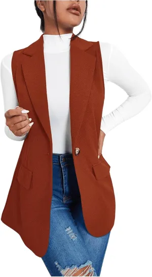 GORGLITTER Women's Sleeveless Lapel Collar One Button Open Front Vest Blazer Jacket