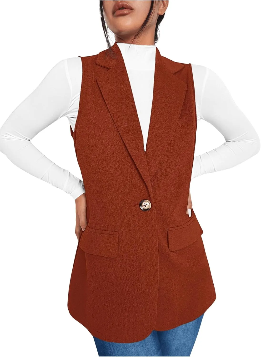 GORGLITTER Women's Sleeveless Lapel Collar One Button Open Front Vest Blazer Jacket