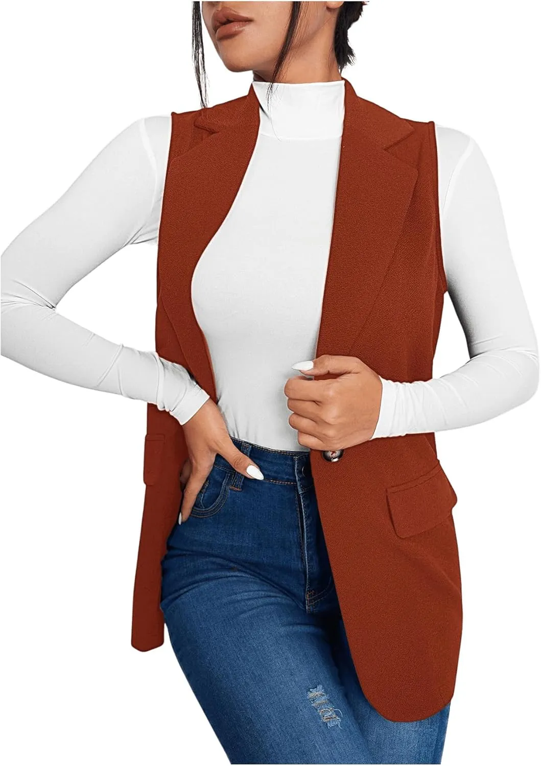 GORGLITTER Women's Sleeveless Lapel Collar One Button Open Front Vest Blazer Jacket