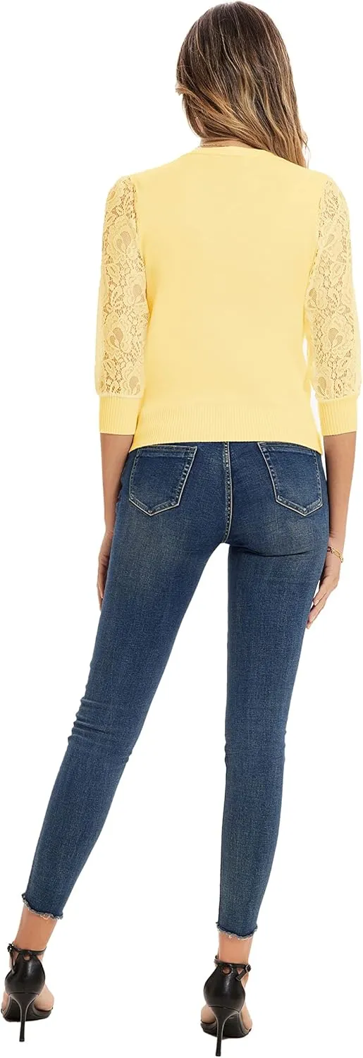 GRACE KARIN Women's Summer Cardigan Lightweight V Neck Lace 3/4 Sleeve Button Front Sweaters