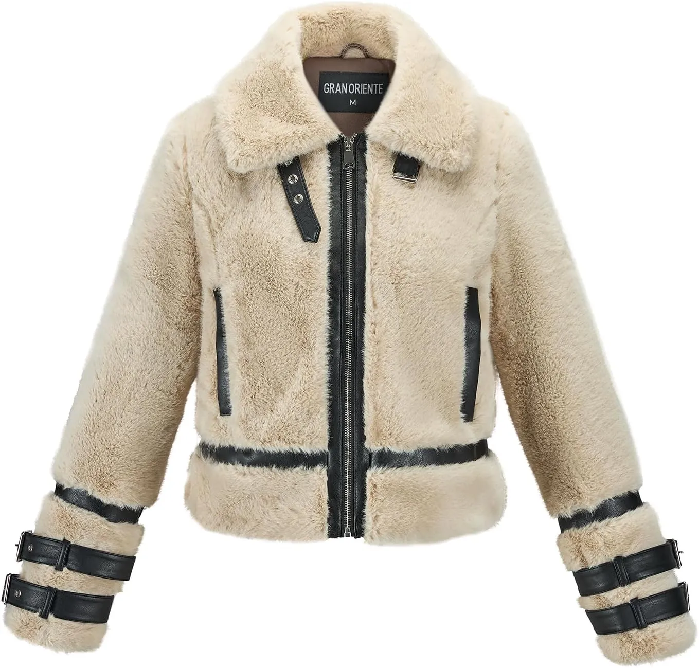 GRAN ORIENTE Womens Winter Faux Mink Fur Fleece Zip up Moto Jacket,Cropped Fuzzy Sherpa Coats Warm Leather Outerwear
