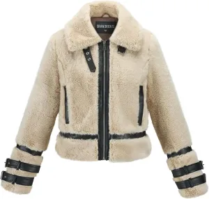 GRAN ORIENTE Womens Winter Faux Mink Fur Fleece Zip up Moto Jacket,Cropped Fuzzy Sherpa Coats Warm Leather Outerwear