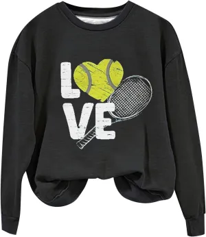 Graphic Sweatshirts for Women LOVE Tennis Long Sleeve Crew Neck Comfort Sweatshirt Aesthetic Going out Pullover Tops