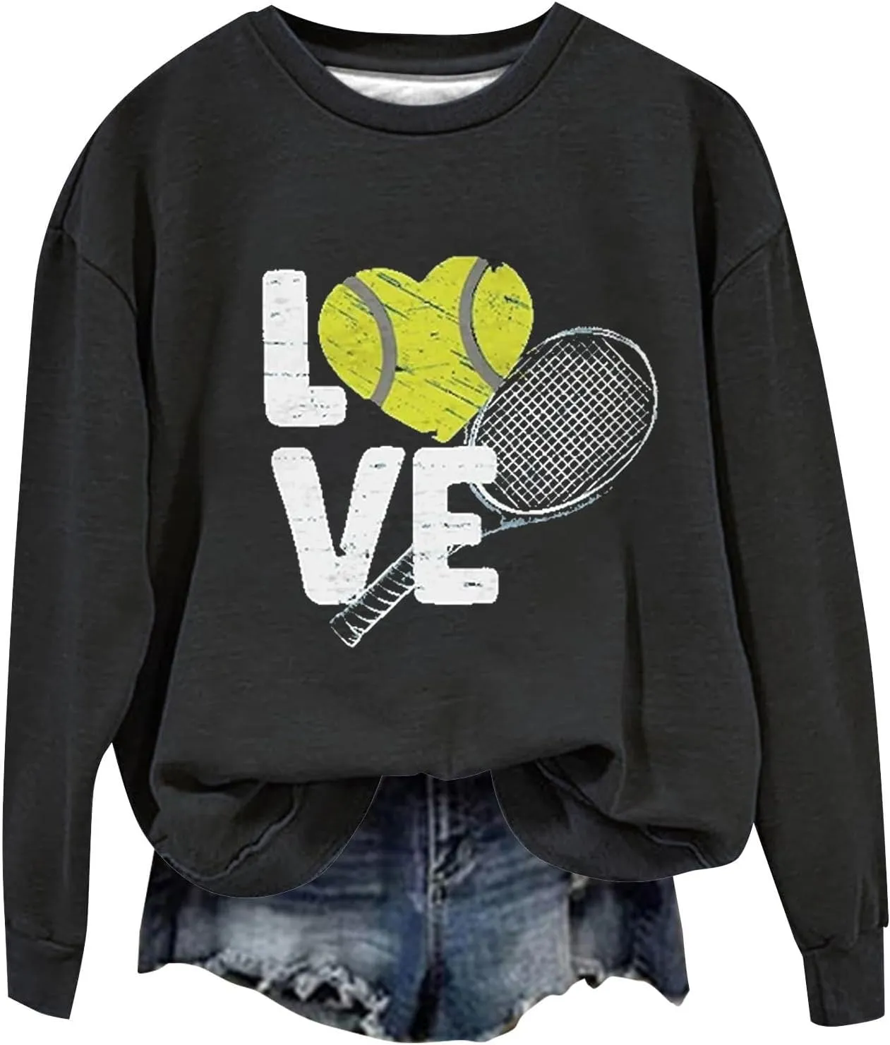 Graphic Sweatshirts for Women LOVE Tennis Long Sleeve Crew Neck Comfort Sweatshirt Aesthetic Going out Pullover Tops