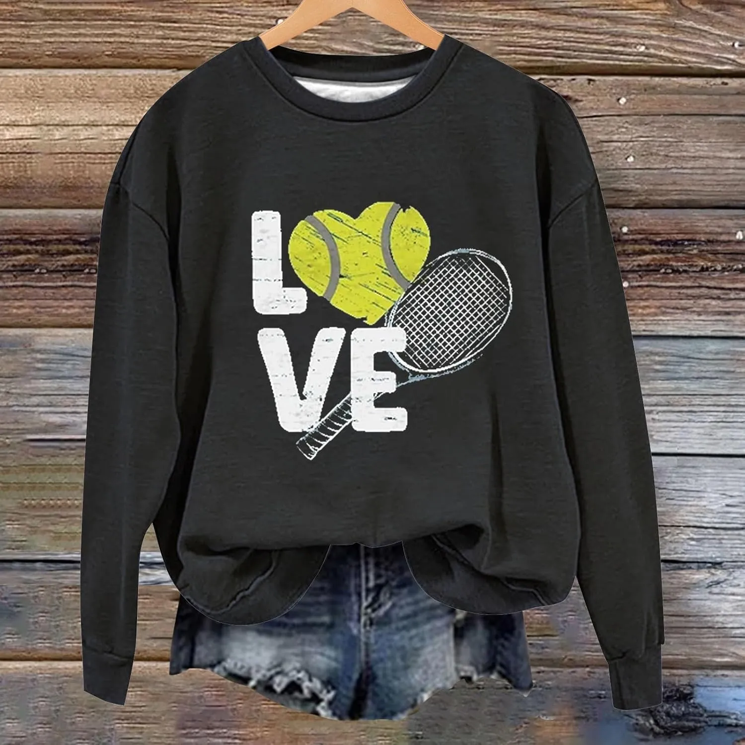Graphic Sweatshirts for Women LOVE Tennis Long Sleeve Crew Neck Comfort Sweatshirt Aesthetic Going out Pullover Tops