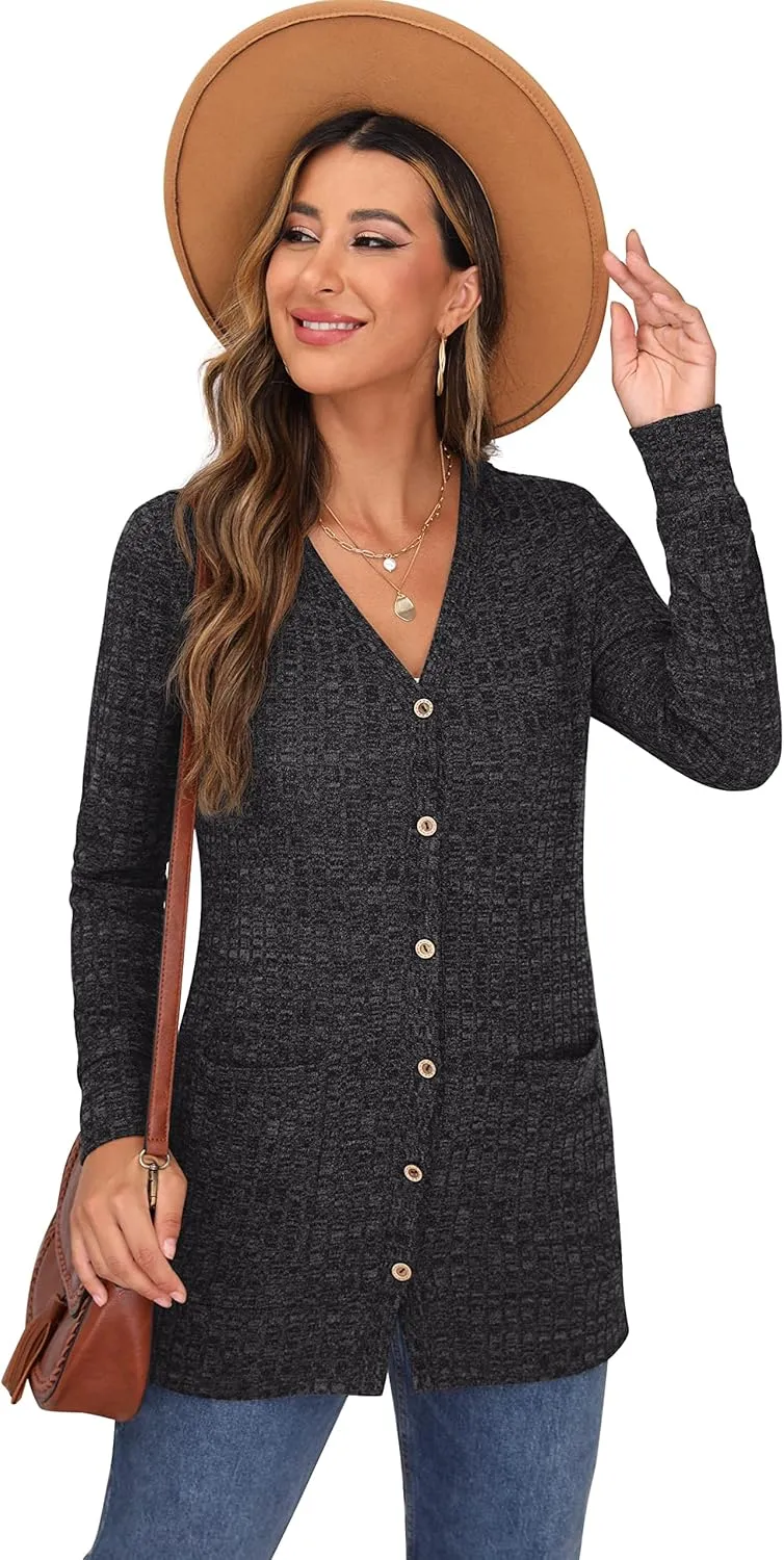 GRECERELLE Women's Long Sleeve Open Front Cardigan Button Down Ribbed Lightweight Knit Outerwear with Pocket