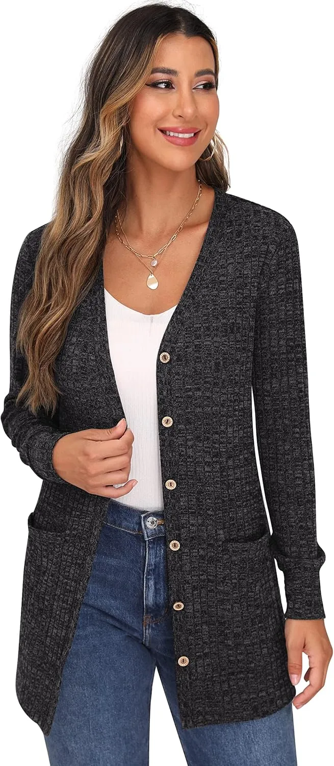 GRECERELLE Women's Long Sleeve Open Front Cardigan Button Down Ribbed Lightweight Knit Outerwear with Pocket