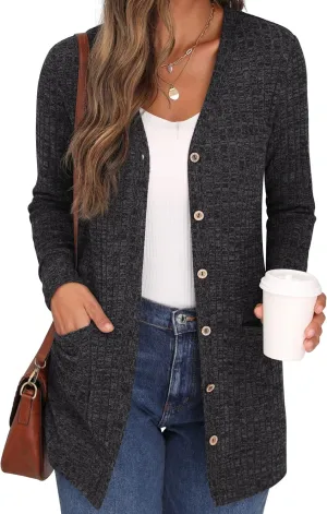 GRECERELLE Women's Long Sleeve Open Front Cardigan Button Down Ribbed Lightweight Knit Outerwear with Pocket