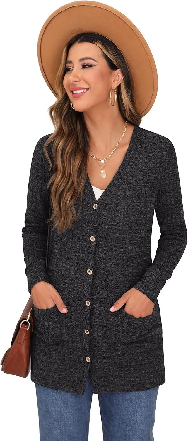 GRECERELLE Women's Long Sleeve Open Front Cardigan Button Down Ribbed Lightweight Knit Outerwear with Pocket