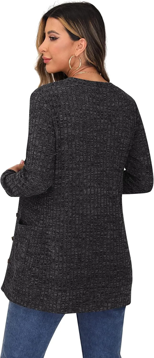 GRECERELLE Women's Long Sleeve Open Front Cardigan Button Down Ribbed Lightweight Knit Outerwear with Pocket