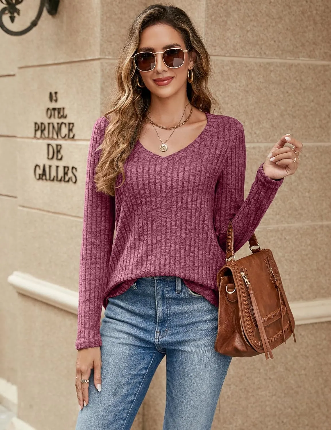 Halife Women's Long Sleeve Shirts V Neck Lightweight Fall Sweaters Casual Tunic Tops