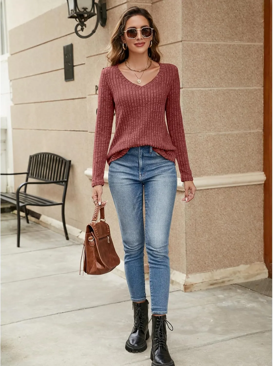 Halife Women's Long Sleeve Shirts V Neck Lightweight Fall Sweaters Casual Tunic Tops