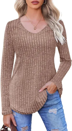 Halife Women's Long Sleeve Shirts V Neck Lightweight Fall Sweaters Casual Tunic Tops