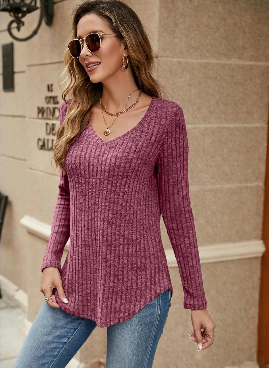 Halife Women's Long Sleeve Shirts V Neck Lightweight Fall Sweaters Casual Tunic Tops