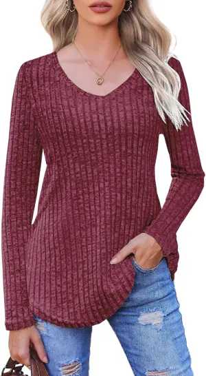 Halife Women's Long Sleeve Shirts V Neck Lightweight Fall Sweaters Casual Tunic Tops