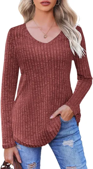 Halife Women's Long Sleeve Shirts V Neck Lightweight Fall Sweaters Casual Tunic Tops
