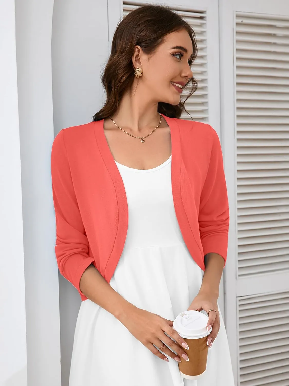 Heymoments Women's Long Sleeve Thin Kintted Shrugs Sweaters Lightweight Cropped Tops Open Front Cardigan for Dress