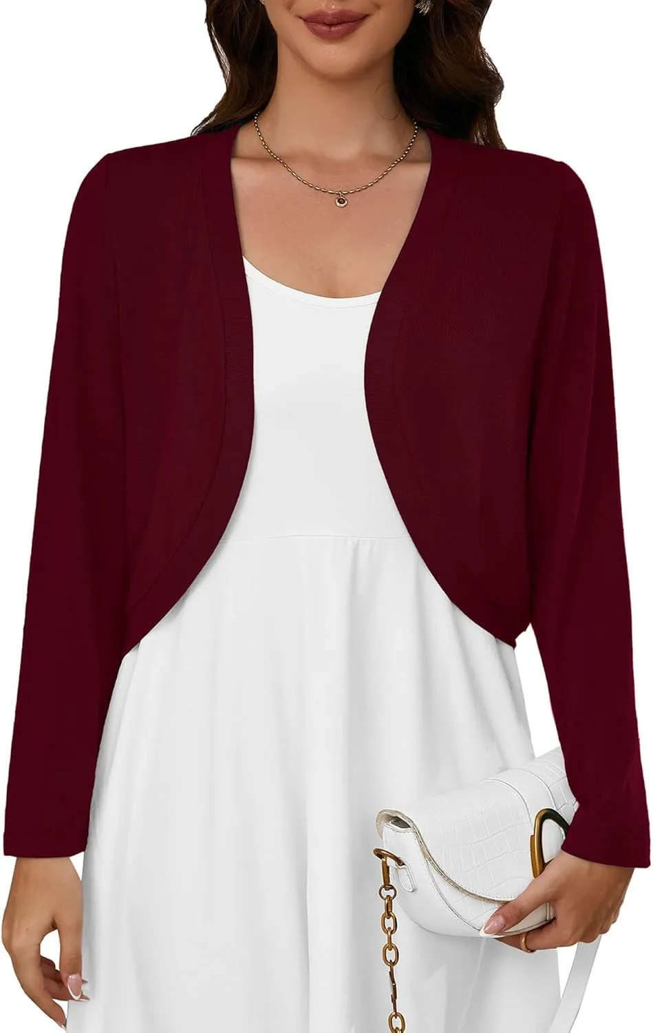 Heymoments Women's Long Sleeve Thin Kintted Shrugs Sweaters Lightweight Cropped Tops Open Front Cardigan for Dress