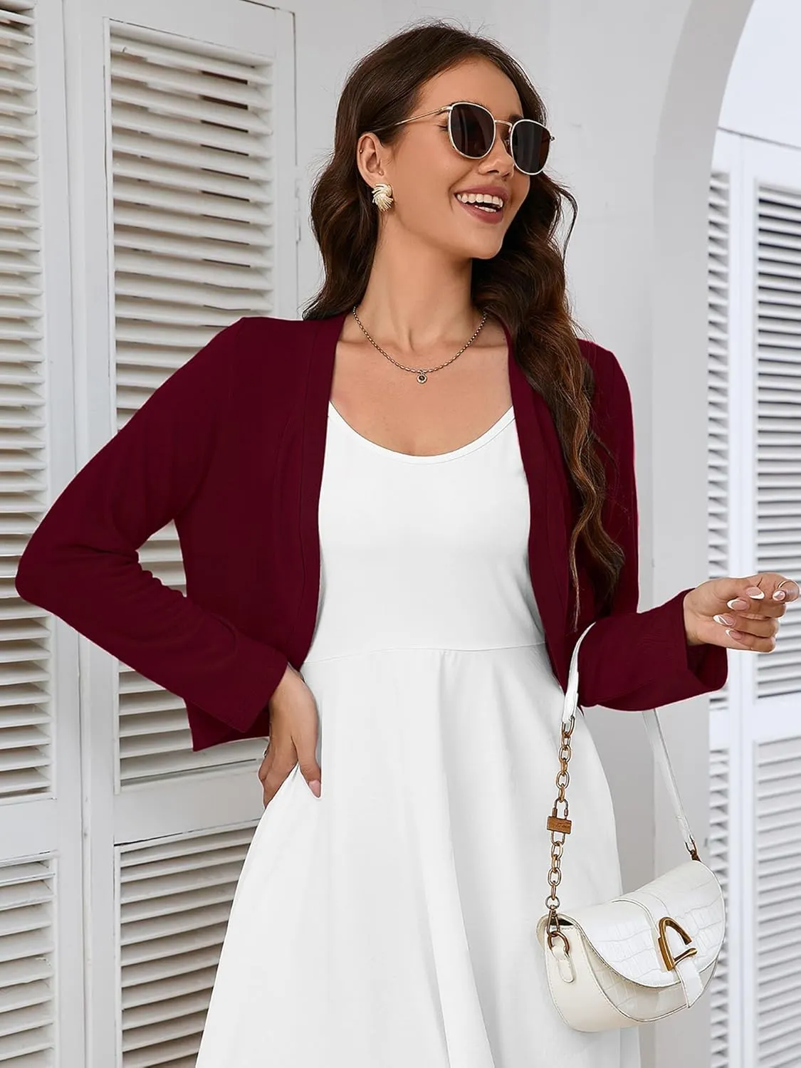 Heymoments Women's Long Sleeve Thin Kintted Shrugs Sweaters Lightweight Cropped Tops Open Front Cardigan for Dress
