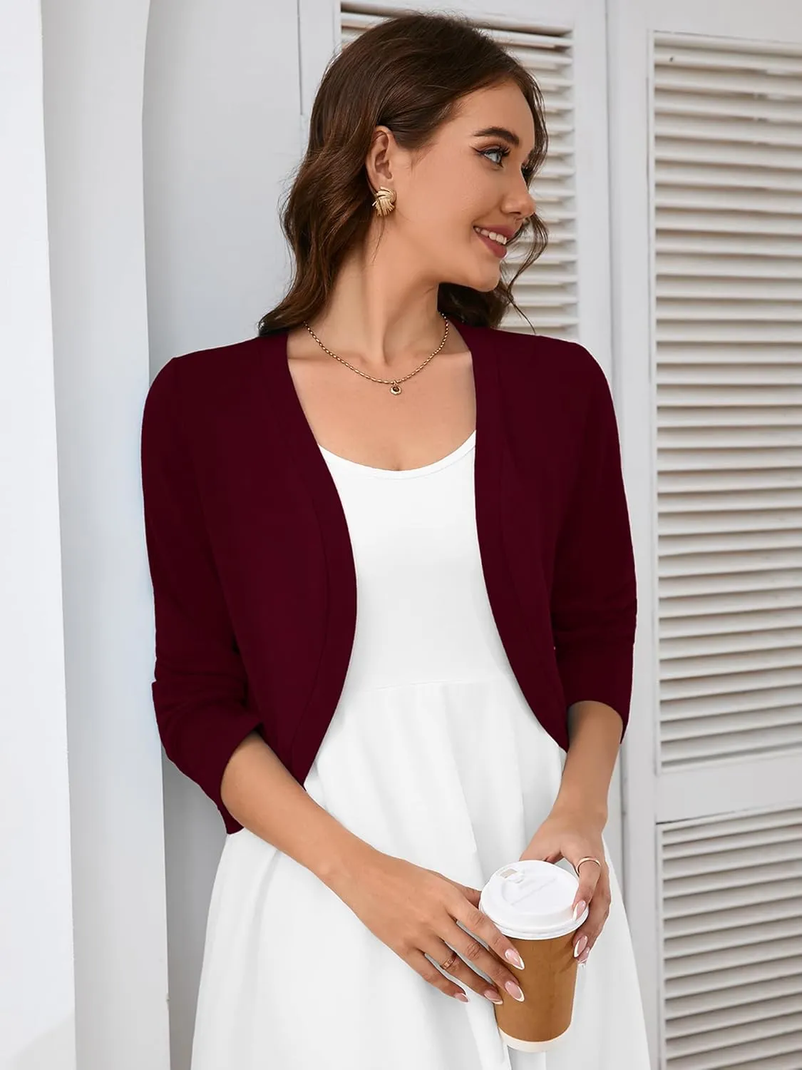 Heymoments Women's Long Sleeve Thin Kintted Shrugs Sweaters Lightweight Cropped Tops Open Front Cardigan for Dress