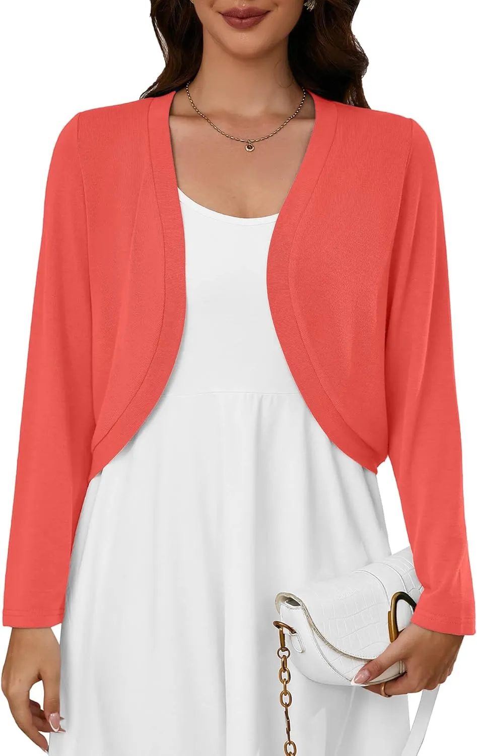 Heymoments Women's Long Sleeve Thin Kintted Shrugs Sweaters Lightweight Cropped Tops Open Front Cardigan for Dress