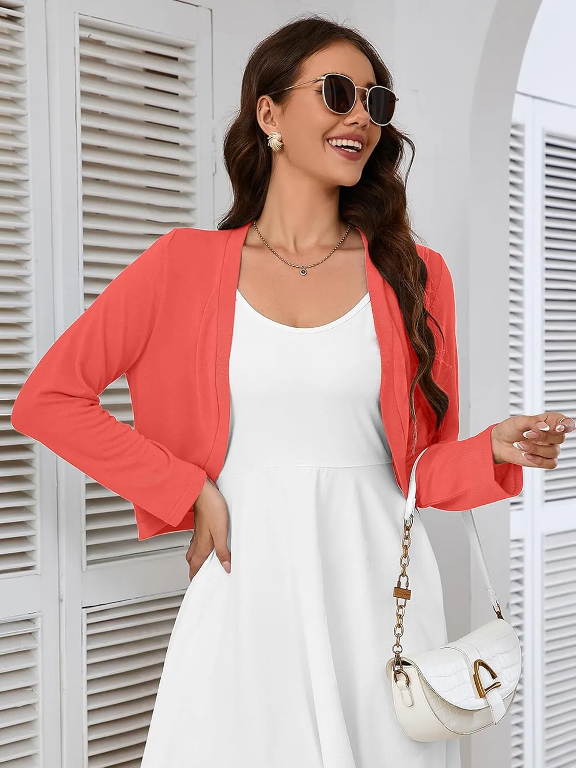 Heymoments Women's Long Sleeve Thin Kintted Shrugs Sweaters Lightweight Cropped Tops Open Front Cardigan for Dress