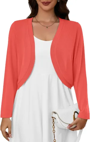 Heymoments Women's Long Sleeve Thin Kintted Shrugs Sweaters Lightweight Cropped Tops Open Front Cardigan for Dress