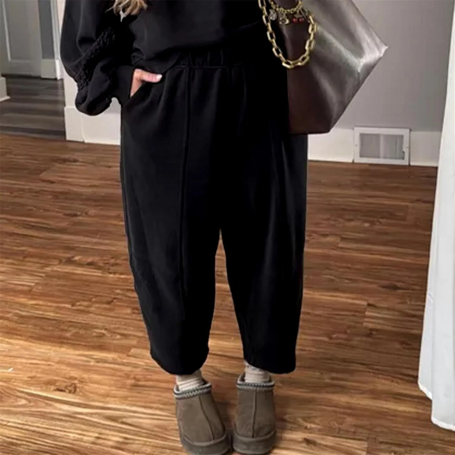 Hixiaohe Womens Baggy Wide Leg Pants Casual Barrel Trousers Elastic Waisted Sweatpant Palazzo Harem Pants with Pockets