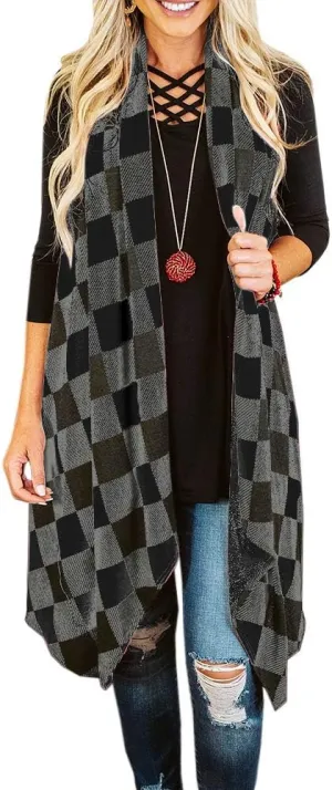 Ivay Womens Plaid Open Front Sweaters Sleeveless Duster Cardigans Drape Lightweight Vest Coat with Pockets