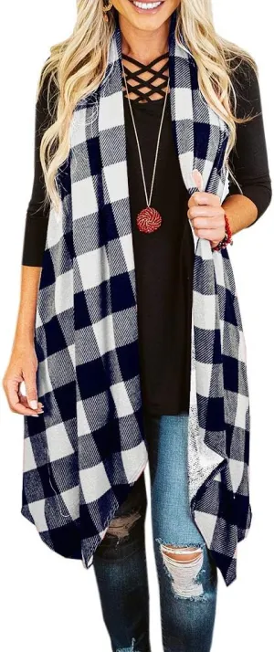 Ivay Womens Plaid Open Front Sweaters Sleeveless Duster Cardigans Drape Lightweight Vest Coat with Pockets