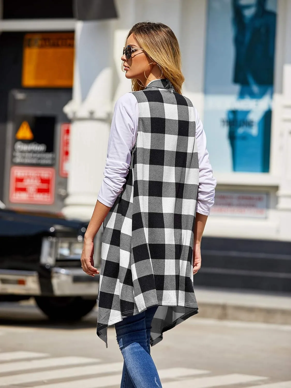 Ivay Womens Plaid Open Front Sweaters Sleeveless Duster Cardigans Drape Lightweight Vest Coat with Pockets