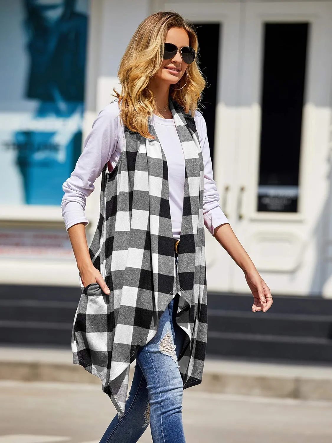 Ivay Womens Plaid Open Front Sweaters Sleeveless Duster Cardigans Drape Lightweight Vest Coat with Pockets