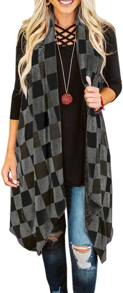 Ivay Womens Plaid Open Front Sweaters Sleeveless Duster Cardigans Drape Lightweight Vest Coat with Pockets