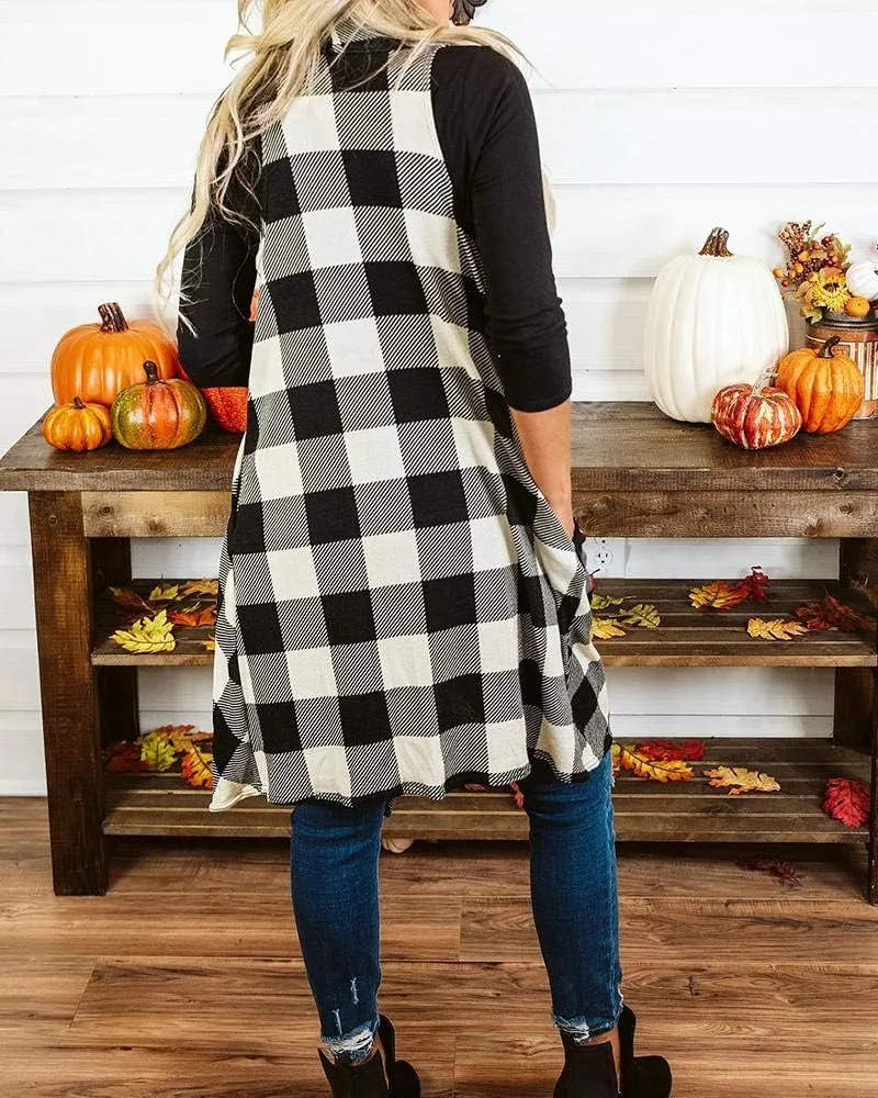 Ivay Womens Plaid Open Front Sweaters Sleeveless Duster Cardigans Drape Lightweight Vest Coat with Pockets
