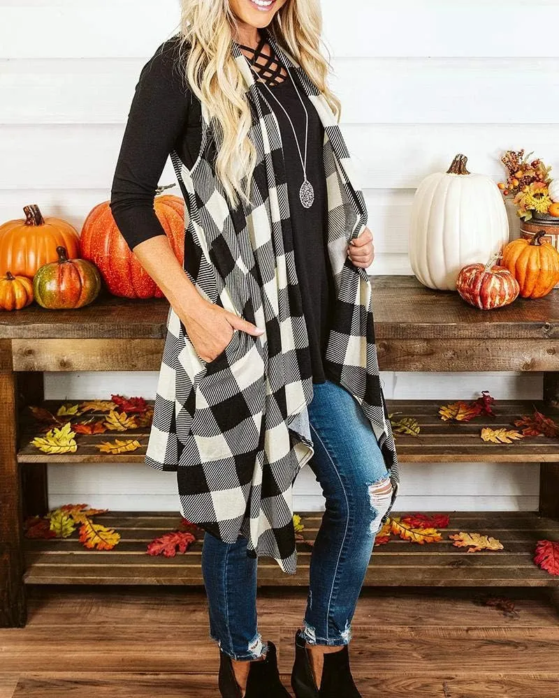 Ivay Womens Plaid Open Front Sweaters Sleeveless Duster Cardigans Drape Lightweight Vest Coat with Pockets