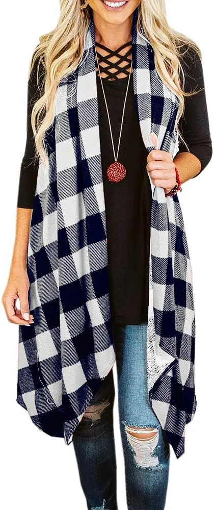 Ivay Womens Plaid Open Front Sweaters Sleeveless Duster Cardigans Drape Lightweight Vest Coat with Pockets