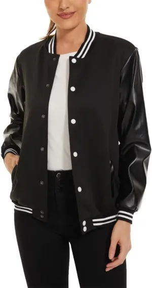 jeecoin Womens Varsity Jackets Leather Sleeve Button Down Bomber Baseball Letterman Jacket Colorblock Outerwear