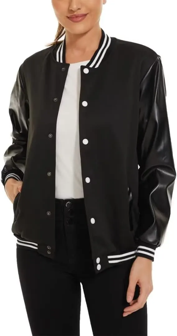 jeecoin Womens Varsity Jackets Leather Sleeve Button Down Bomber Baseball Letterman Jacket Colorblock Outerwear