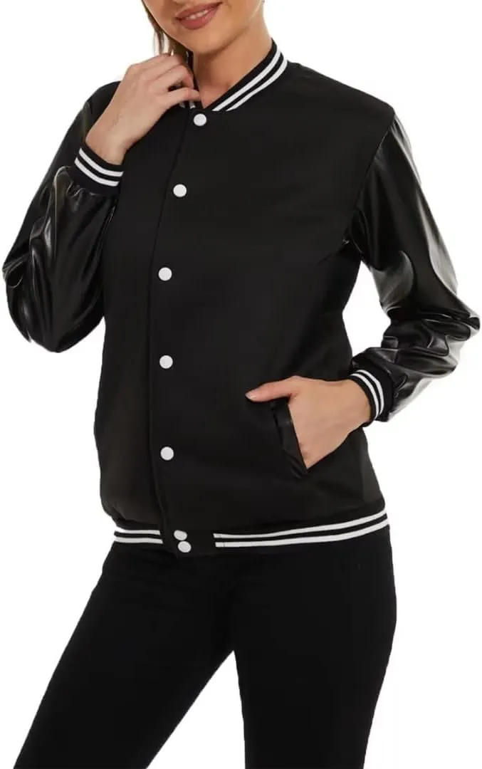 jeecoin Womens Varsity Jackets Leather Sleeve Button Down Bomber Baseball Letterman Jacket Colorblock Outerwear