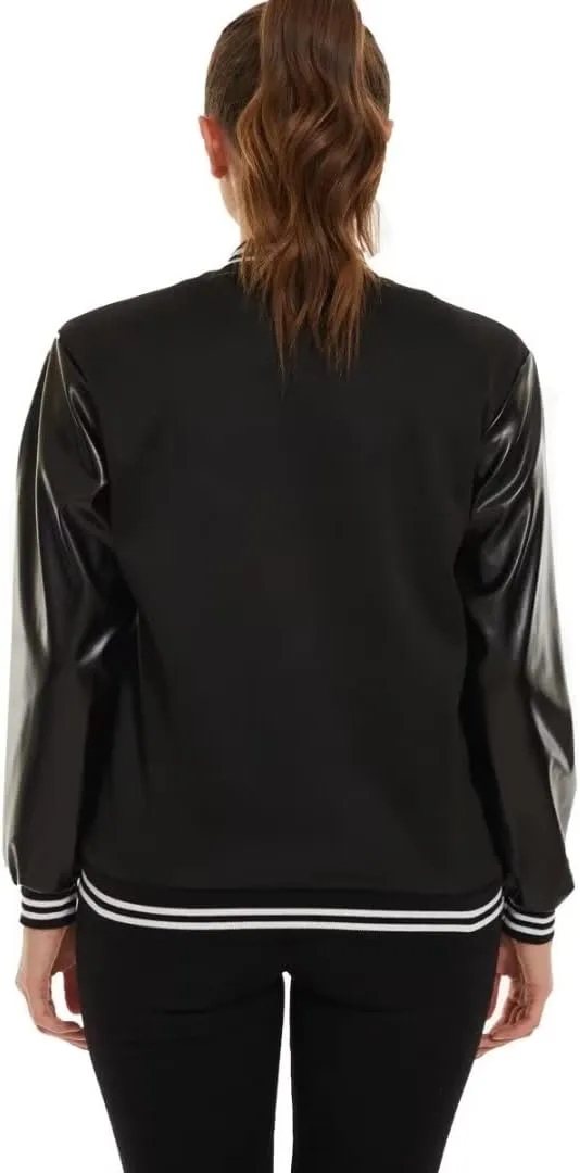 jeecoin Womens Varsity Jackets Leather Sleeve Button Down Bomber Baseball Letterman Jacket Colorblock Outerwear