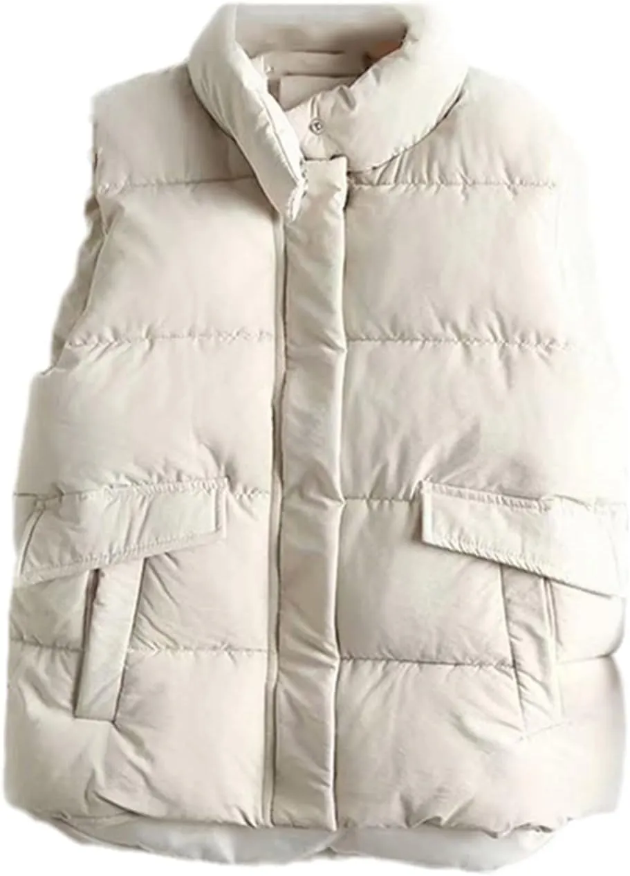 Jegsnoe Women Vest Winter Stand-Up Collar Down Vest Coat Cotton Padded Waistcoat