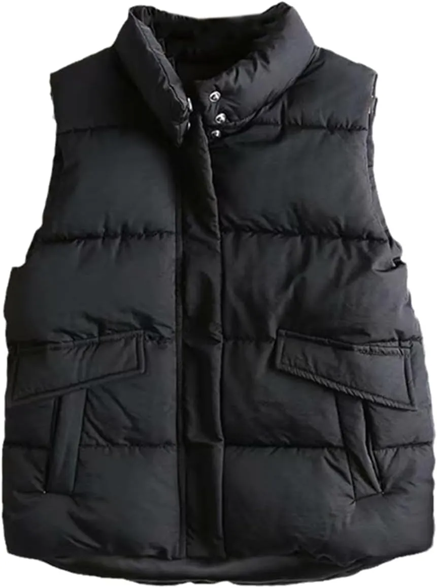 Jegsnoe Women Vest Winter Stand-Up Collar Down Vest Coat Cotton Padded Waistcoat