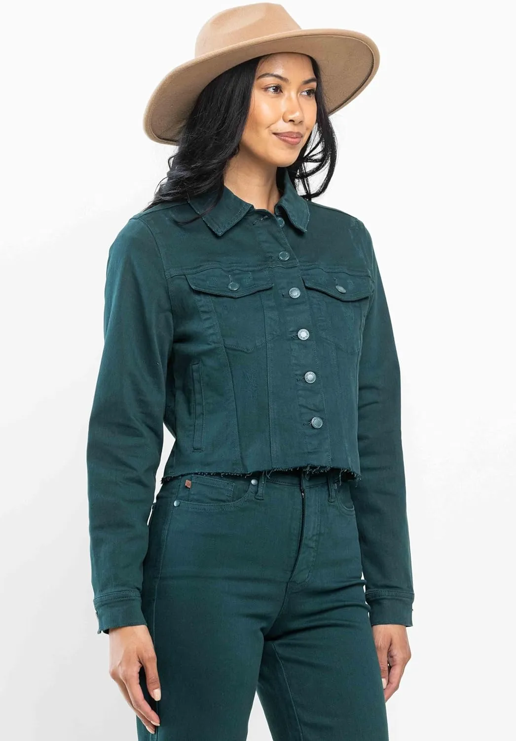Judy Blue Women's Teal Green Denim Jacket  Great Fit, Classic Casual Style, Stretch Comfort, Perfect for Layering 7864-